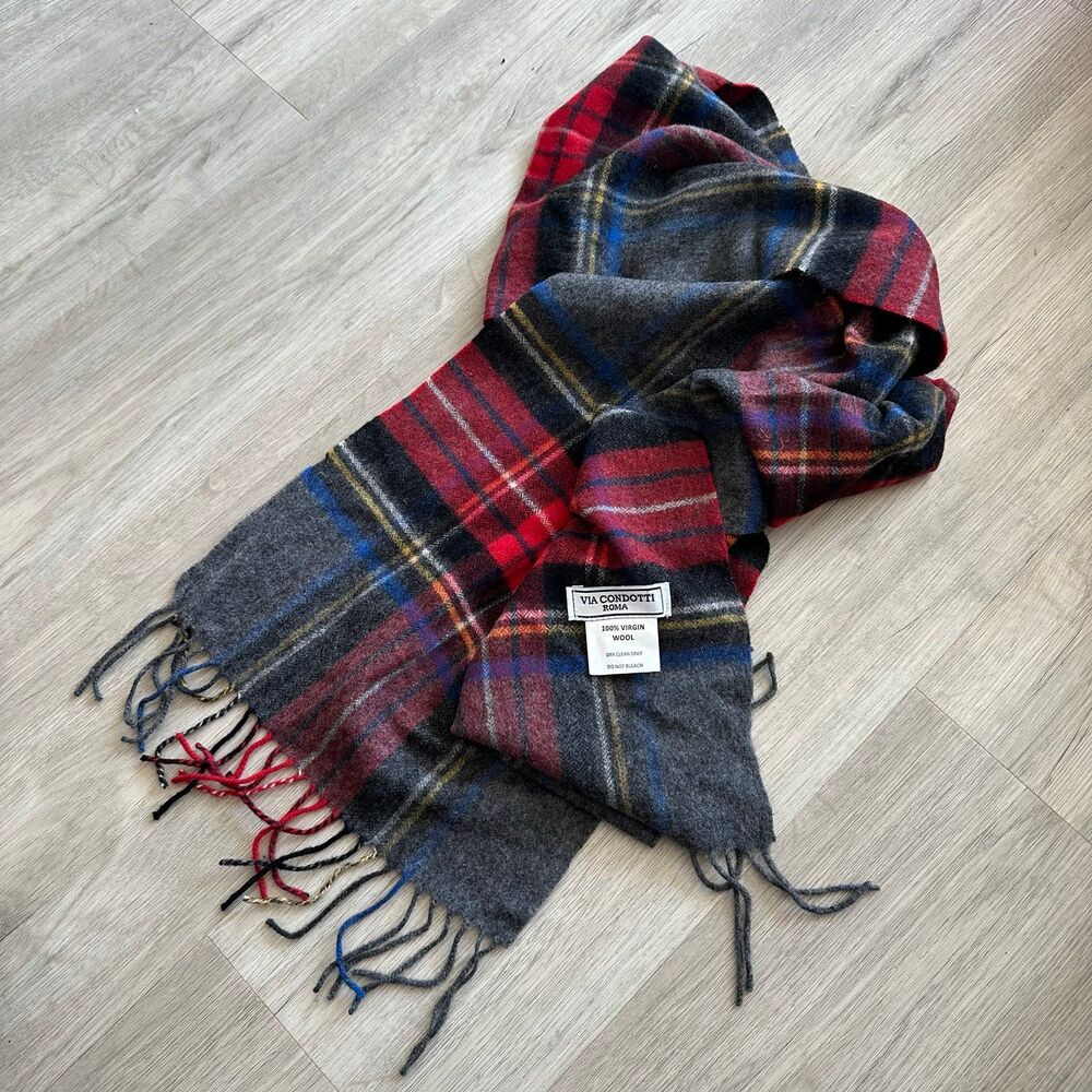 VIA CONDOTTI ROMA 100% Virgin Wool Gray Tartan Plaid Scarf Made In Italy
